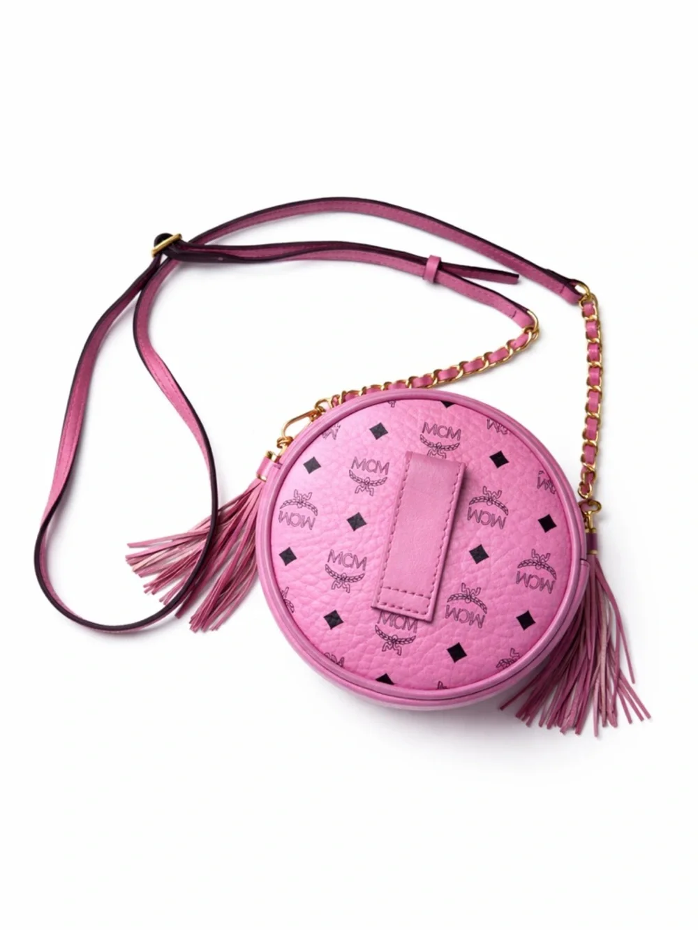 MCM Pink Rabbit Round Crossbody Tambourine Bag Visetos Tassel Chain Rare - Picture 4 of 12